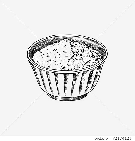 Salt or sugar in a bowl. Spices or cereals in vintage style. Cooking ingredient. Hand Drawn engraved Salt or sugar in a bowl. Spices or cereals in vintage style. Cooking ingredient. Hand Drawn engraved 72174129