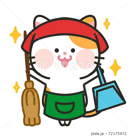 お掃除猫 ぶち猫 綺麗好き 衛生的のイラスト素材