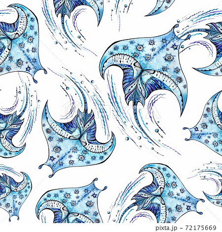 Manta Ray Sea Animal Watercolor And Ink Patternのイラスト素材 Manta Ray Sea Animal Watercolor And Ink Patternのイラスト素材