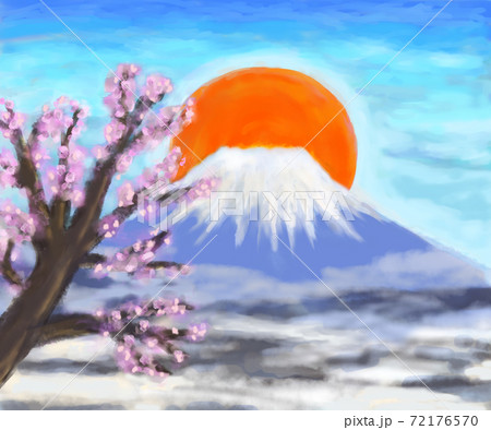富士山　日の出　青空　雲海　花 72176570