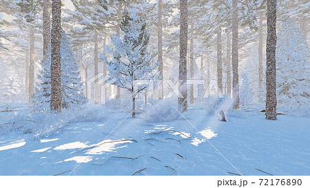 Sunny winter day in a snowy spruce forest 3D 72176890
