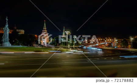 Night road in the centre of Moscow, statue of Prince Vladimir at night 72178882