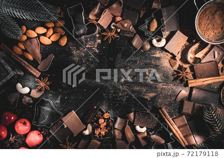 Merry Christmas post card wallpaper with space for text of bakery ingredients of making chocolate cookies top view photo 72179118