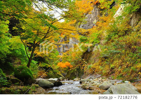 山形市山寺面白山　錦秋の紅葉川渓谷の清流 72182776