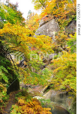 山形市山寺面白山　錦秋の紅葉川渓谷の清流 72182779