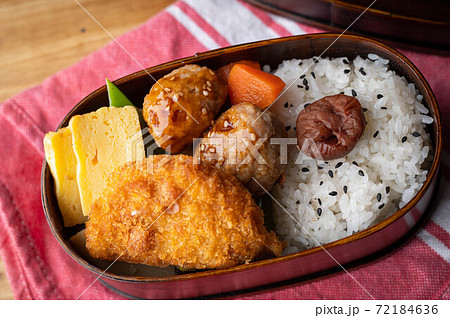 japanese style bento in wooden box with meat ball and croquette japanese style bento in wooden box with meat ball and croquette 72184636