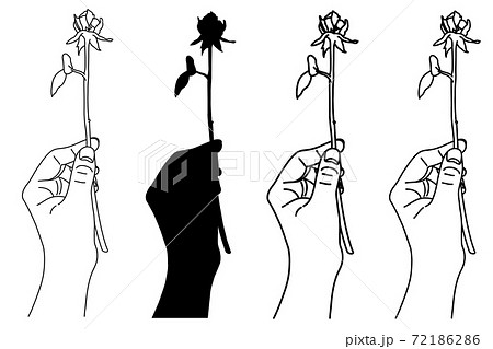 一輪の薔薇を持った手の白黒イラストのイラスト素材