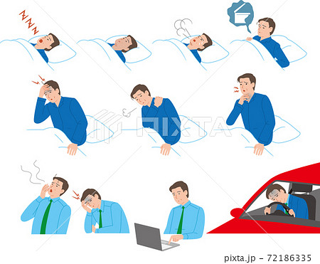 睡眠時無呼吸症候群のシニアの男性。睡眠時、起床、日中の症状 睡眠時無呼吸症候群のシニアの男性。睡眠時、起床、日中の症状 72186335