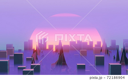 Futuristic evening city with skyscrapers in haze and setting sun, big city smog, 3d illustration 72186904