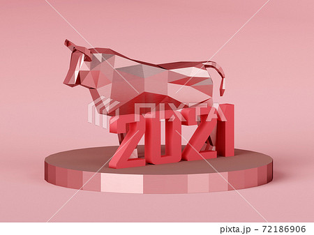 Souvenir of a low poly Red Metallic Bull on a stand with the number 2021, a symbol of the new year, 3d render 72186906