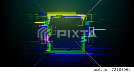 Futuristic glitch rectangle in cyberpunk style. Modern glowing geometry shape with distortion effect. Good for design promo electronic music events, games, banners, web. Vector 72188060