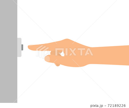 Flat design illustration of male or female hand. The index finger presses the doorbell button on the wall. Isolated on white background, vector 72189226