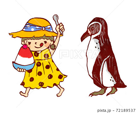 女の子とフンボルトペンギンのイラストのイラスト素材
