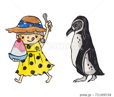 女の子とフンボルトペンギンのイラストのイラスト素材