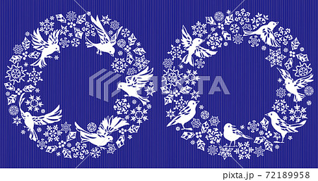 冬の雪の結晶 小鳥の丸フレームセットのイラスト素材