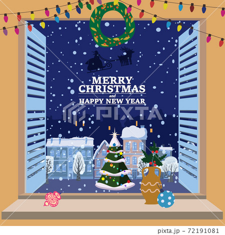 Merry Christmas Window view on winter old town,... - Stock Illustration  [72191081] - PIXTA