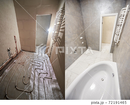 Comparison of bathroom before and after refurbishment. 72191465