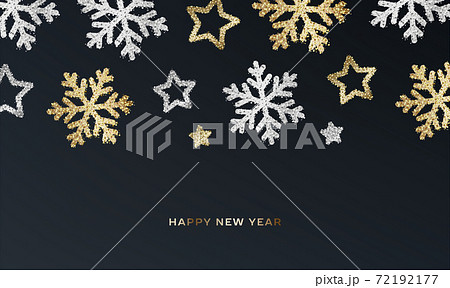 Background with silver and golden metal particles forming shiny shapes of snowflakes and stars on dark night sky Background with silver and golden metal particles forming shiny shapes of snowflakes and stars on dark night sky 72192177