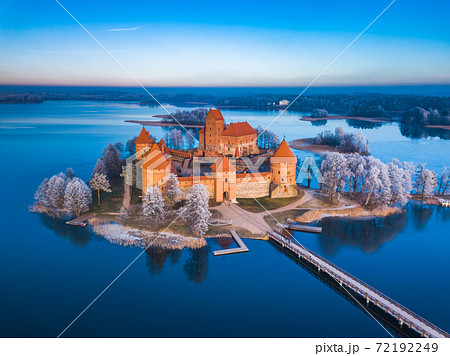 Trakai castle at winter, aerial view of the castle Trakai castle at winter, aerial view of the castle 72192249