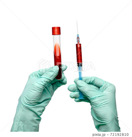 hand in latex glove holding blood sample in test tube and syringe close up isolated on white background 72192810