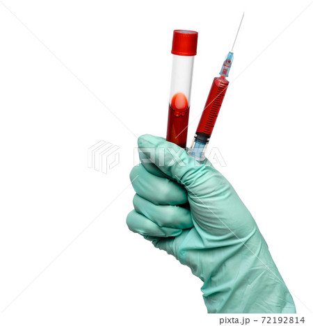 hand in latex glove holding blood sample in test tube and syringe close up isolated on white background hand in latex glove holding blood sample in test tube and syringe close up isolated on white background 72192814