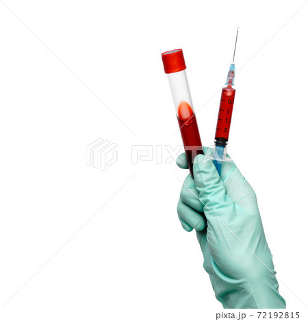 hand in latex glove holding blood sample in test tube and syringe close up isolated on white background hand in latex glove holding blood sample in test tube and syringe close up isolated on white background 72192815