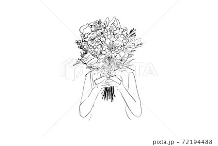 花束を持つ花嫁の手描き線画のイラスト素材