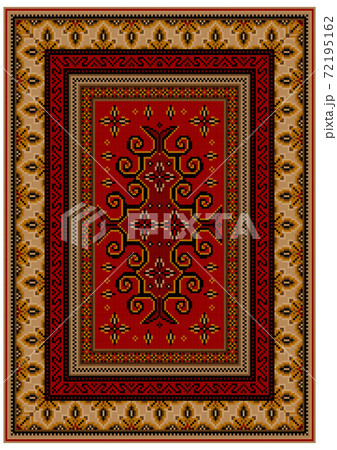 Luxury carpet with yellow edges and ethnic patterns on a red field in the center Luxury carpet with yellow edges and ethnic patterns on a red field in the center 72195162