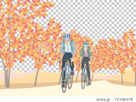 自転車で紅葉の下を通る男性と女性 自転車で紅葉の下を通る男性と女性 72196379