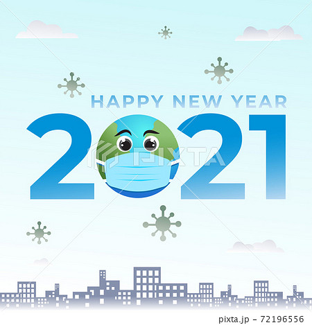 Covid-19 pandemic concept of 2021 Happy new year poster. Earth in blue medical face mask. Coronavirus quarantine vector illustration. Urban sky landscape view background. Covid-19 pandemic concept of 2021 Happy new year poster. Earth in blue medical face mask. Coronavirus quarantine vector illustration. Urban sky landscape view background. 72196556