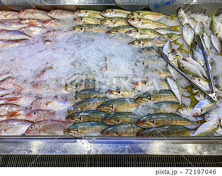 Raw frozen fish for sale at seafood supermarket 72197046