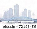 水辺の街の風景　隅田川に掛かる永代橋に向かって進む船とビル群　水彩画風 72198456