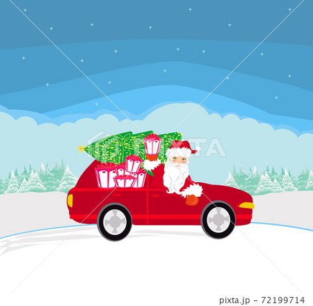 Abstract card with Santa Claus driving car and gives out gifts Abstract card with Santa Claus driving car and gives out gifts 72199714