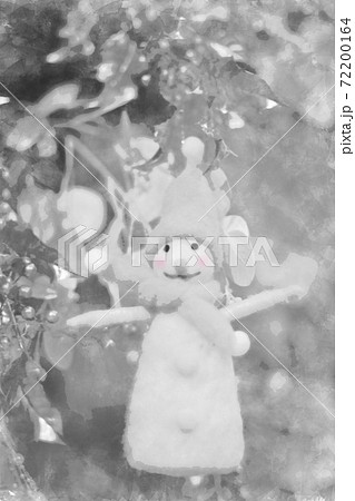 クリスマスイメージ　にっこり笑う可愛い雪だるまのオーナメント　白黒　水彩画風 72200164