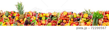 Panoramic photo fruits and vegetables separated by slanted lines isolated on white 72200567