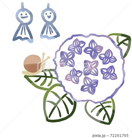紫陽花とてるてる坊主とカタツムリのイラストのイラスト素材