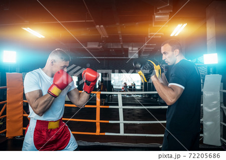 two muscle boxers sport man training and fighting on boxing ring at gym 72205686