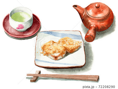 アナログ水彩安倍川餅きなこ餅日本茶セットのイラスト素材 7290