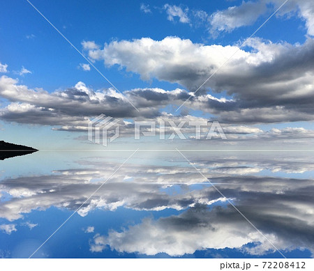 湖に反射する夏の青空と流れる雲の美しい背景のイラスト素材