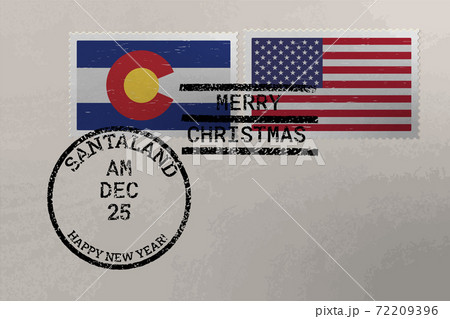 Postage stamp envelope with Colorado and US flag, Christmas and New Year stamps, vector 72209396