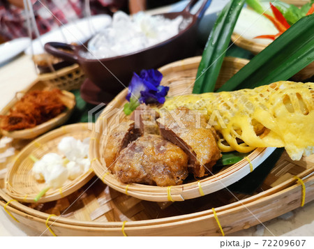 Fried minced pork and Salted Fish. the side dishes of Khao Chae, traditional Thai food. 72209607