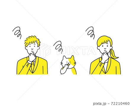 悩むスーツ男女と猫 悩むスーツ男女と猫 72210460