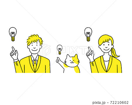 指さしするスーツ男女と猫 指さしするスーツ男女と猫 72210602