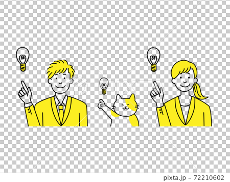 指さしするスーツ男女と猫 指さしするスーツ男女と猫 72210602