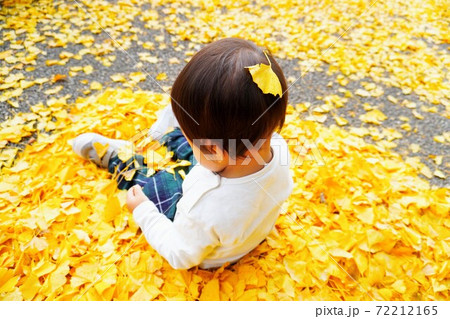 頭に葉をつけて黄色い銀杏の落ち葉で遊ぶ赤ちゃんの写真素材