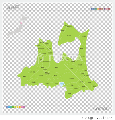 青森県の地図・Aomori・市町村名（市町村境区分け） 72212482