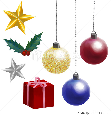 クリスマス オーナメントやプレゼント 星などの色々セットのイラスト素材