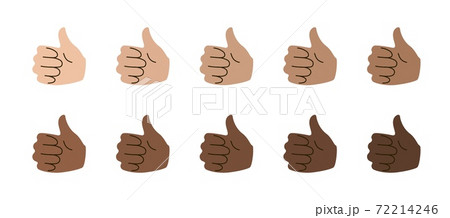 Like emoticon. Thumb up gesture of diverse colors, social communication and approve symbol. Vector cartoon hand sig 72214246