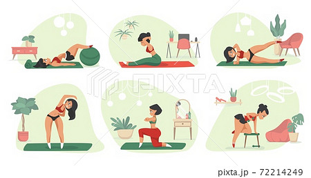 Home exercises. Cartoon woman doing fitness and sport activities, indoor workout. Isolated female training on gymnastic mat. Room interiors. Aerobics and yoga poses, vector flat set 72214249
