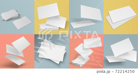 Realistic business cards. Blank mockup of cardboards with shadow overlay effects from plants. Stacks of paper and flying sheets on colorful background. Vector template with copy space 72214250